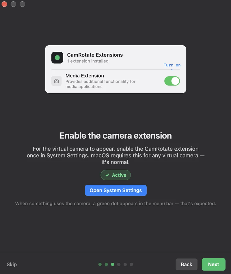 CamRotate onboarding: enabling the camera extension, status Active