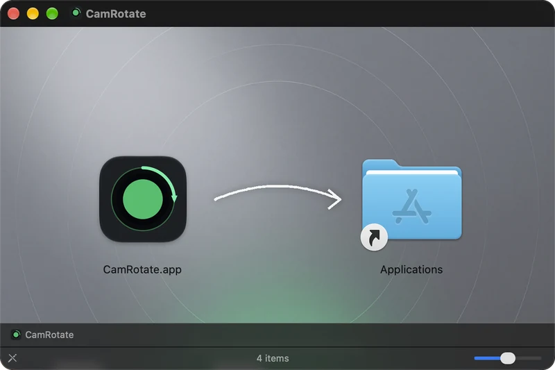 The CamRotate disk image window: an arrow from CamRotate to the Applications folder