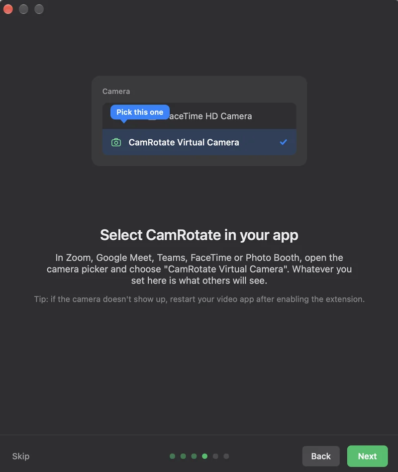 CamRotate onboarding: choosing CamRotate Virtual Camera in a camera picker